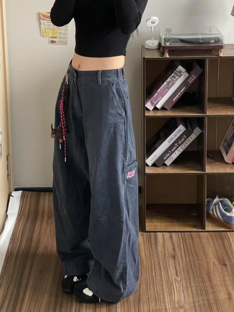 HOUZHOU Vintage Washed Women Cargo Jeans High Waist Wide Leg American Style Denim Pants Baggy Trousers Y2k Casual High Street