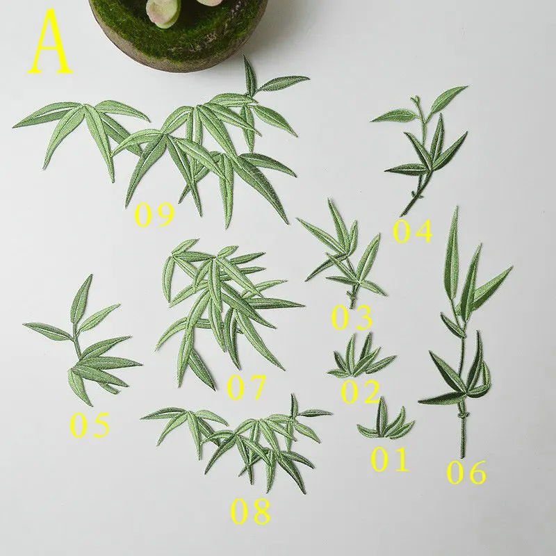 

1set 9pcs small big Bamboo green leaf embroidery ironing patching clothing Chinese adhesive garment cloth plant flower stickers