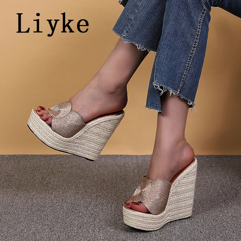 Liyke-Zapatillas con punta de plataforma abierta para mujer, Sandalias de tacón alto hechas a mano con tejido de cáñamo, a la moda, Verano