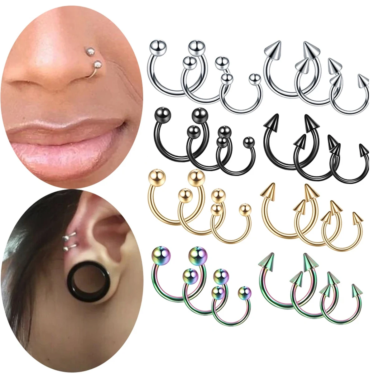 3pcs Cone Spike Horseshoe Circular Septum Nose Ring, 316L Stainless Steel Nipple Hoops Rings Septum Eyebrow Ear Piercing Jewelry