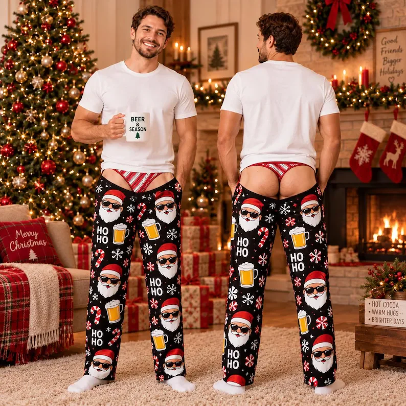 Men's Cool Santa Beer Candy Cane Printed Hip Flip Elastic Waist Fun Christmas Mischief Gift Casual Loose Pants