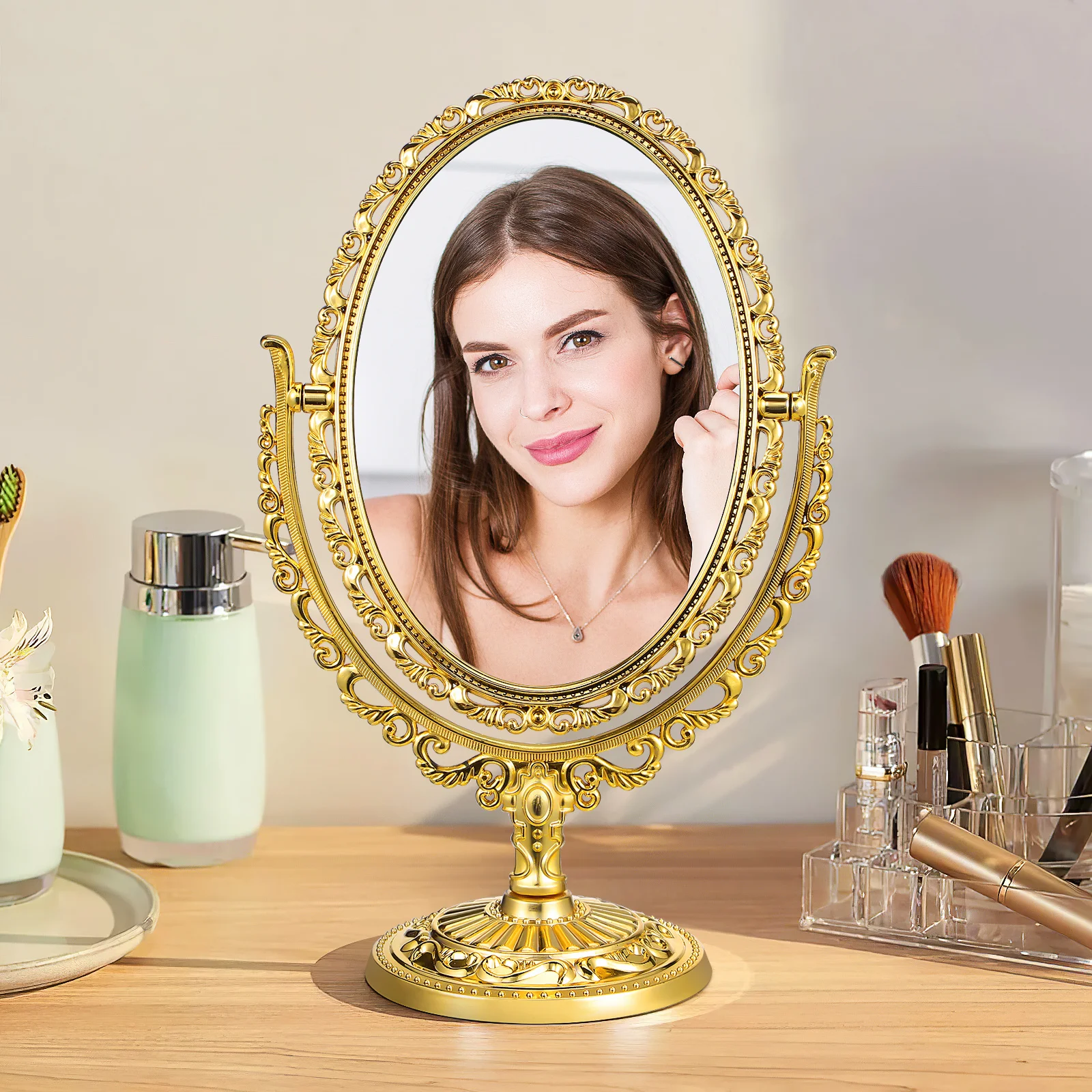 1 pçs retro estilo europeu espelho dupla face 360 graus rotativo oval espelho de maquiagem para casa banheiro quarto desktop