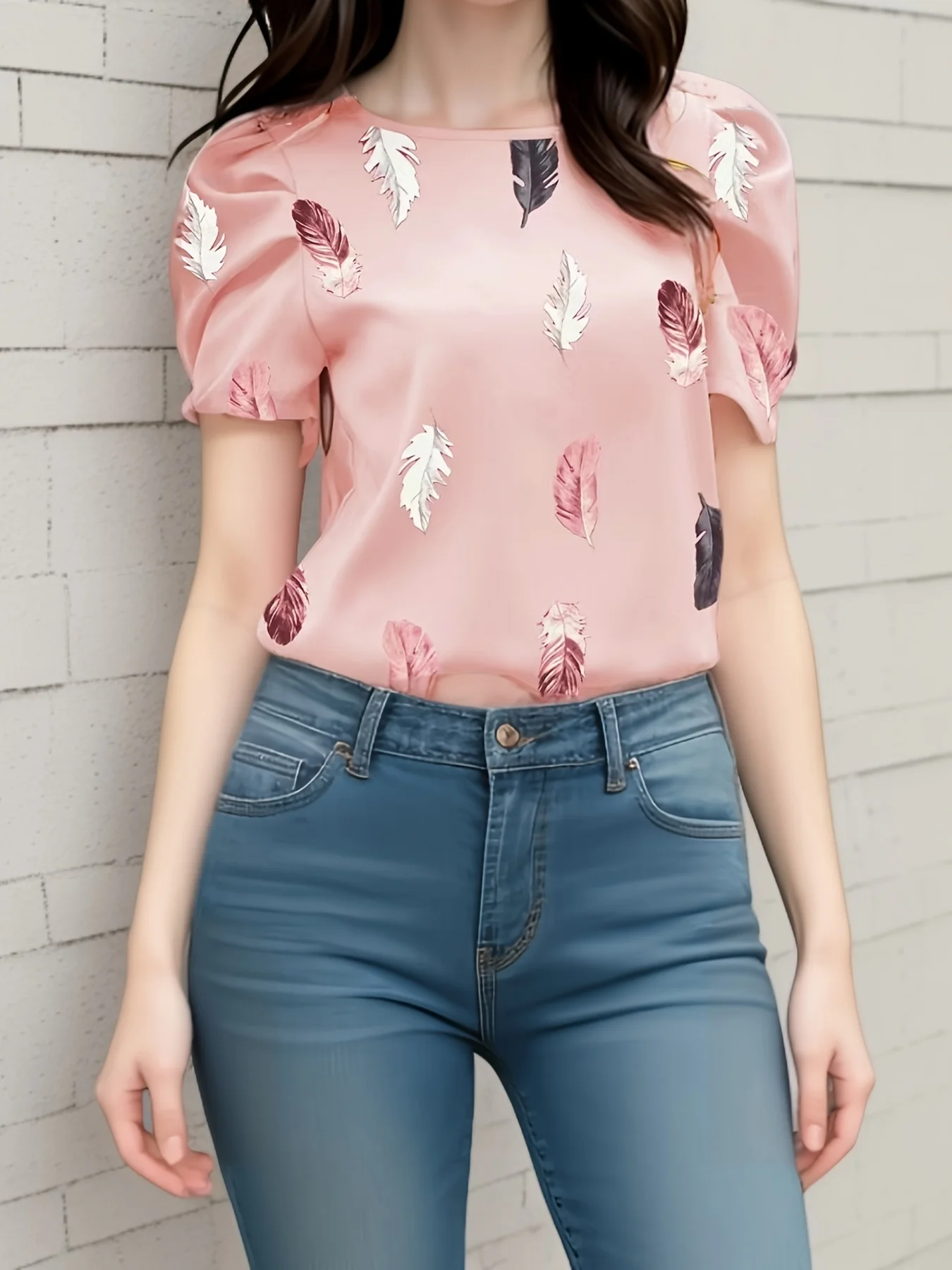 Europe And The United States Ladies Fashion Pink Casual Feather Printing Round-Necked Short-Sleeved Dress Blouse