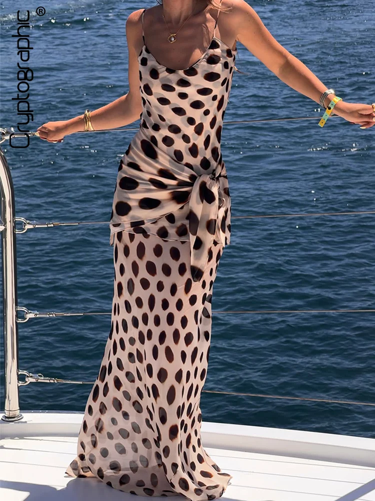 Cryptographic Vacation Woman Clothes Retro Polka Dot Spaghetti Long Top Maxi Skirt 2PC Hot Slim Waist Sexy Sheer Wild Costume