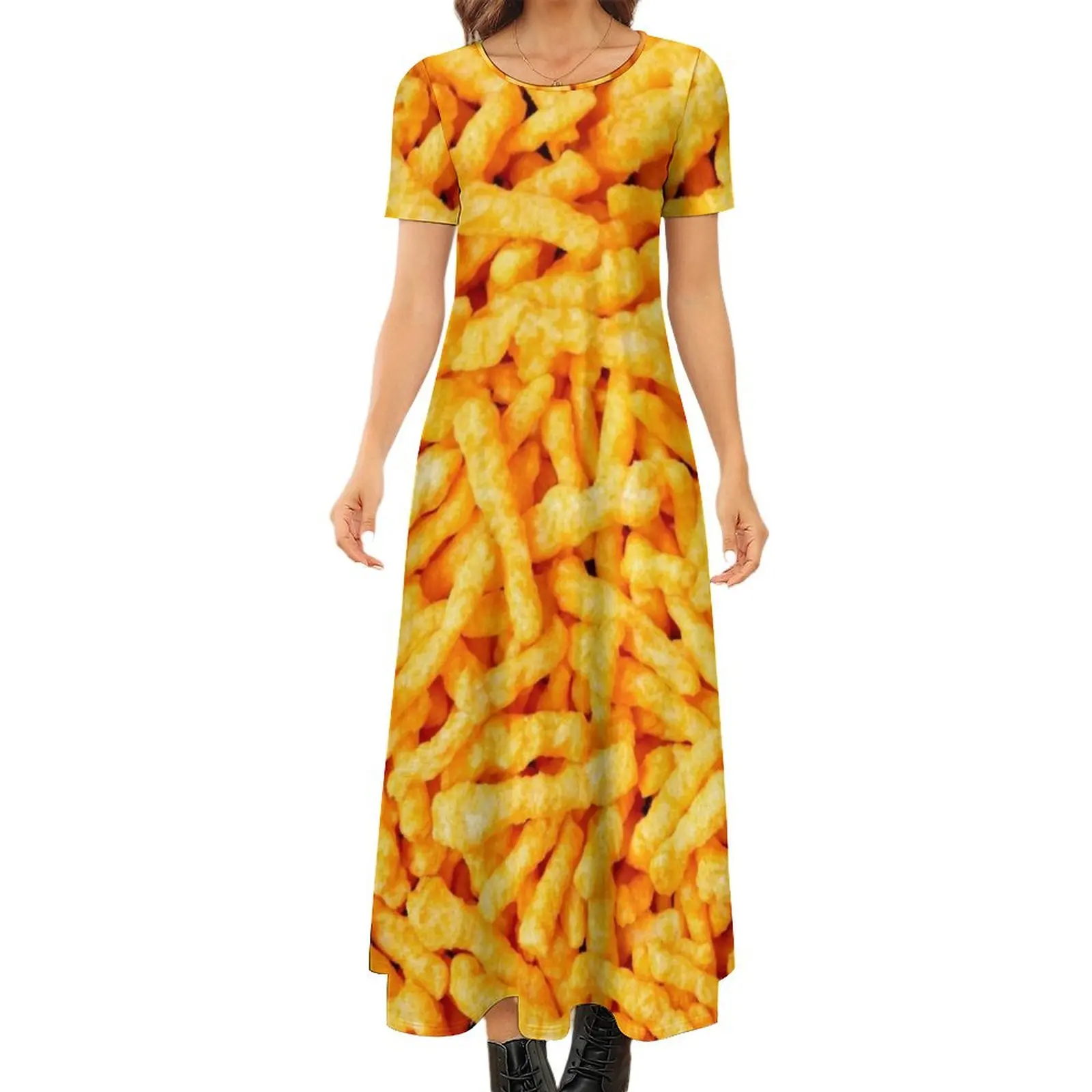 

Cheetos Print Round Neck Short Sleeve Dress Women long dress Evening dresses