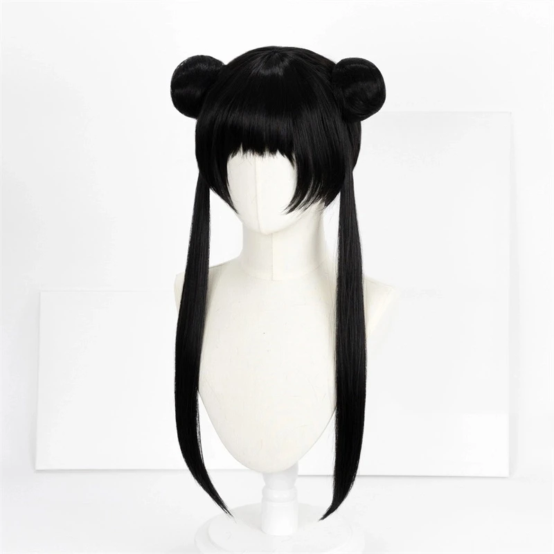 ND Meiling Li-Perruques de Cosplay Anime Cardcaptor Sakura Wiki, Double Queue de Cheval, Postiche Noir Synthétique pour