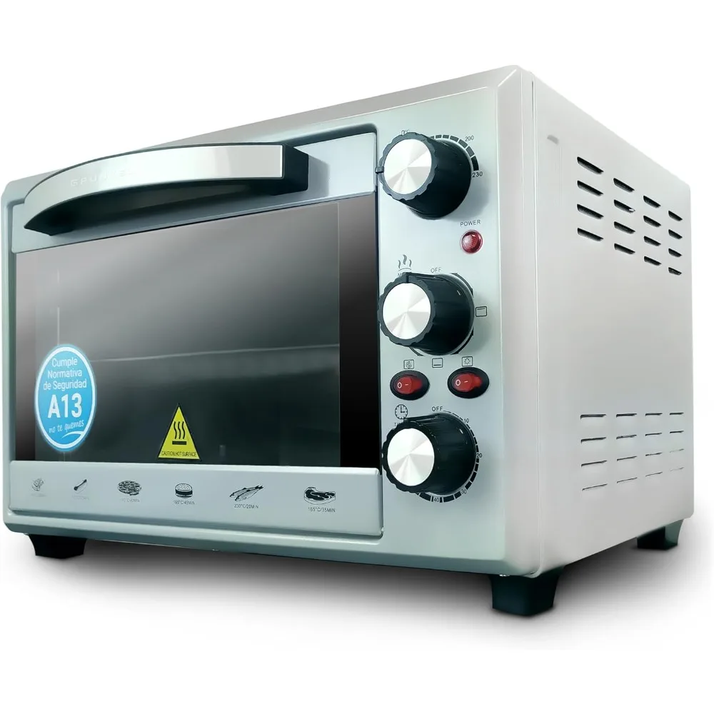 - فرن كهربائي متعدد الوظائف سعة 28 لترًا - ساعة - 28 فضي - مع 3 وظائف للحرارة، محدد درجة الحرارة حتى 230 درجة مئوية ومؤقت 60 درجة مئوية
