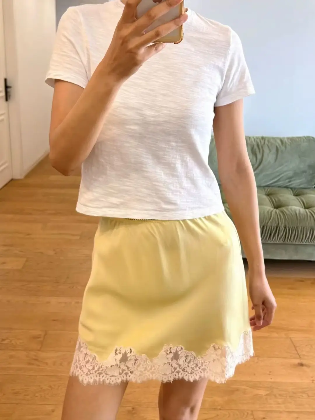 Women 100% Silk Mini Skirt Lace Spliced Hem Elastic Waist A-Line Elegant Slim Skirt