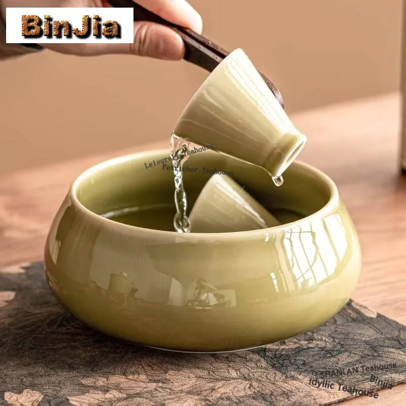 850ml Yaozhou Kiln Celadon Jianshui Tea Cup Wash Tea Garbage Can Tea Residue Bucket Writing-brush Washer Chaxi Teaware Ornaments