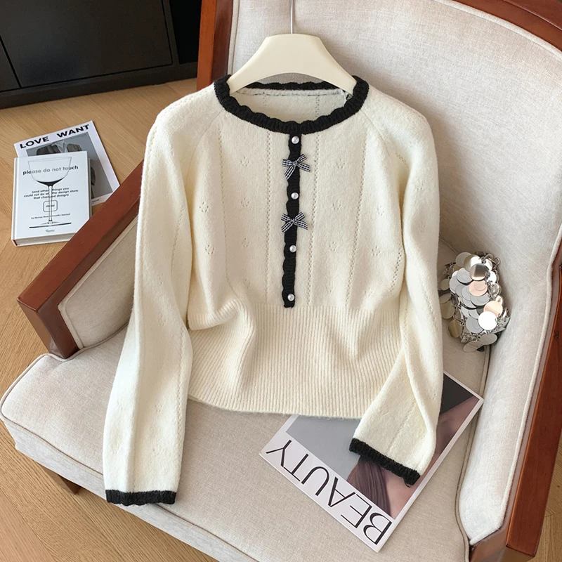 سترة محبوكة حلوة وأنيقة لأزياء الخريف والشتاء النسائية للتنقل، زخرفة القوس والأزرار، سترة كورية #1