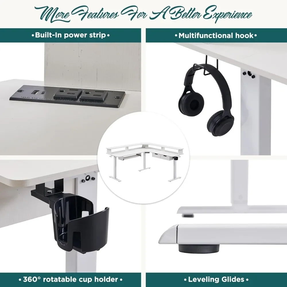 60 Inch L-Shaped Electric Standing Desk with Keyboard Tray And Drawers Height Adjustable Corner Gaming Desk for Home Office