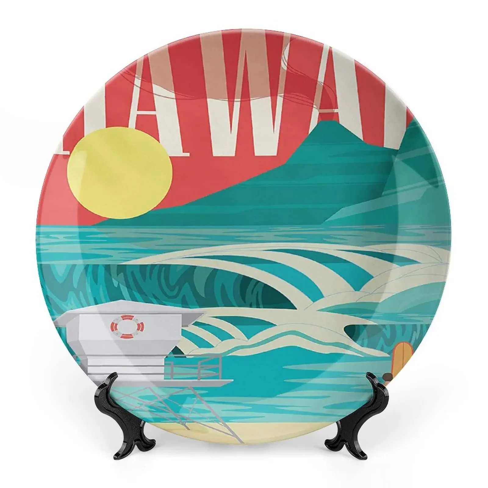 Decorative Plate,Hawaiian Round Porcelain,Hawaii Sandy Coastline Sunny Day Surfboard Tropics Print Ceramic Wall Hanging for Home