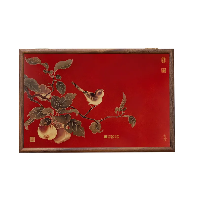 Elegant Classical Chestnut-headed Sparrow Brass Panel Hydraulic Meter Box Cover Wall Art Premium Solid Wood Frame Mortise Tenon