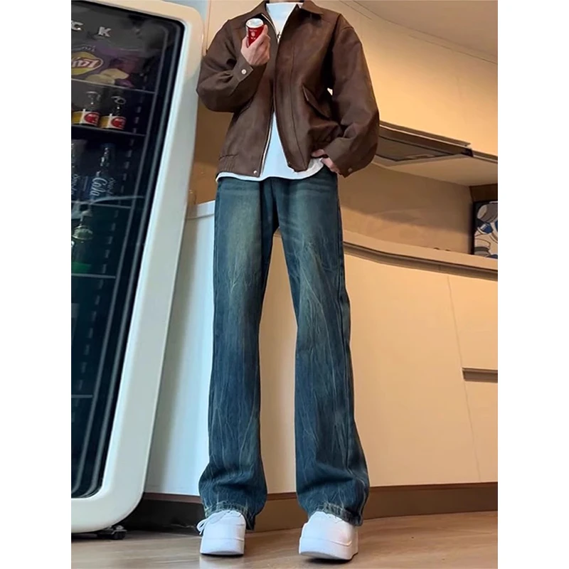 

Мужские джинсы из синего денима в американском ретро-стиле, весна-осень, модный брендовый дизайн с узором в виде молнии, уличный стиль, слегка расклешенные, прямые, размер L