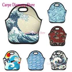 Neoprene Lunch Bag Japan Wave Lunch Bag Insulated Lunch Box Tote For Adult /Kids /Travel/Picnic/Work