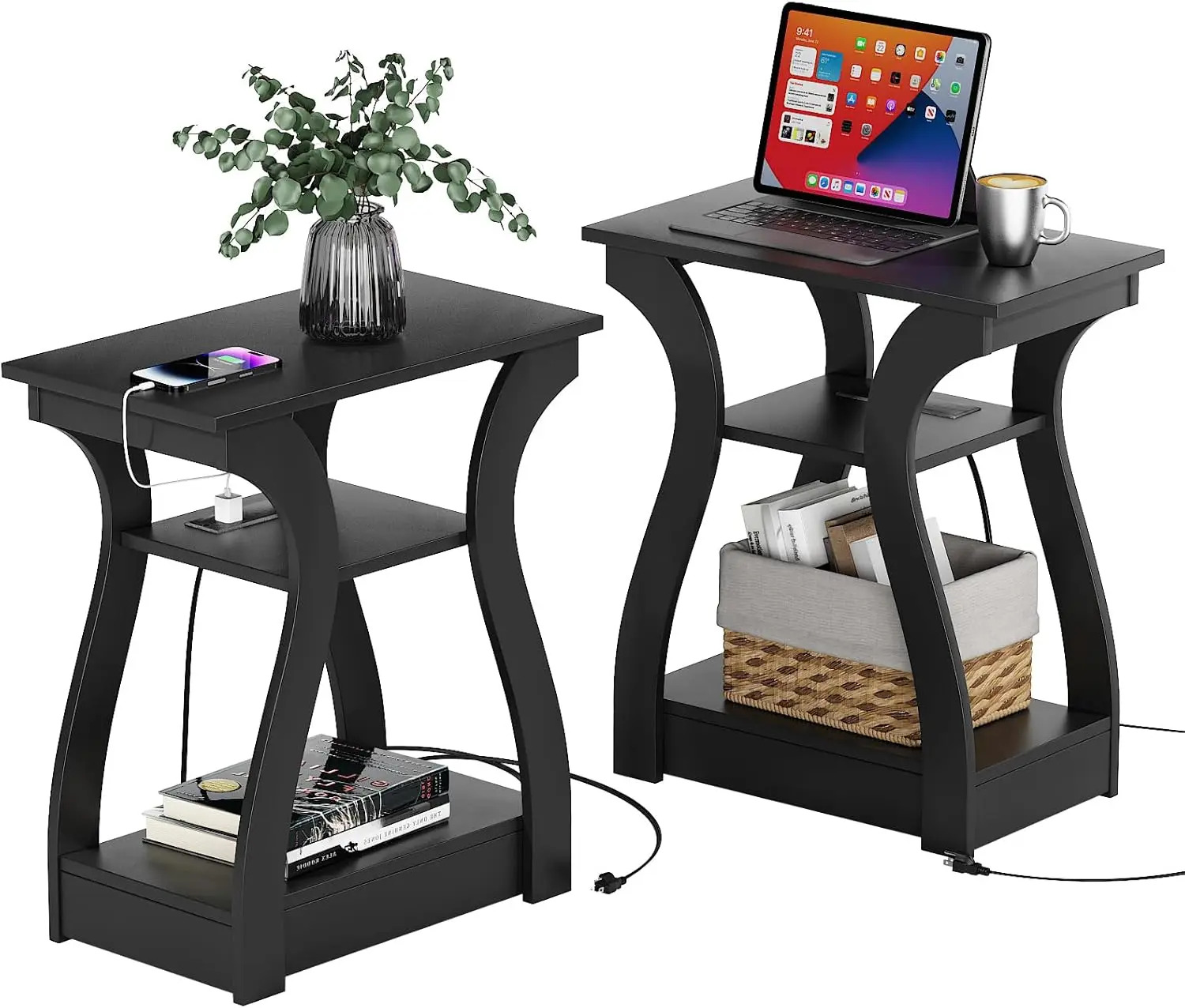 

Table Set of 2 with Charging Station, Side Table with USB Ports and Outlets, Nightstand, 3 Tier End Table with Storage Shelf