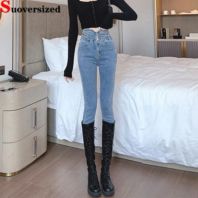 

Super High Waist Ankle-length Pencil Jeans Korea Skinny Slim Strecth New Casual Vaqueros Women Streetwear Vintage Denim Pants