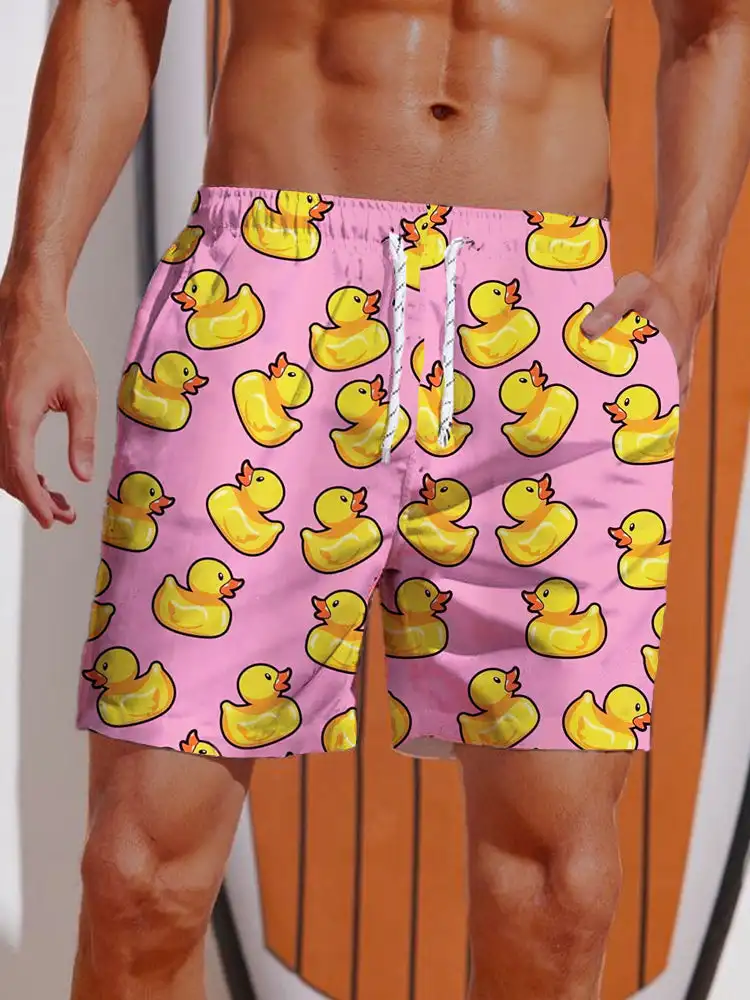 Men\'s Shorts Hawaiian Yellow Duck Men 3d Printing Short Summer New swim Trunks Elastic Waist 3D Print Breathable Short