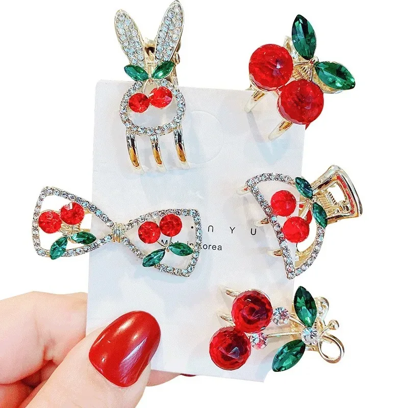 Cute Cherry Mini Grab Hair Claw Small Bow Hairpin Hair Clip Clasp Crystal Rhinestone Pearl Girls Jewelry Kids Hair Accessories