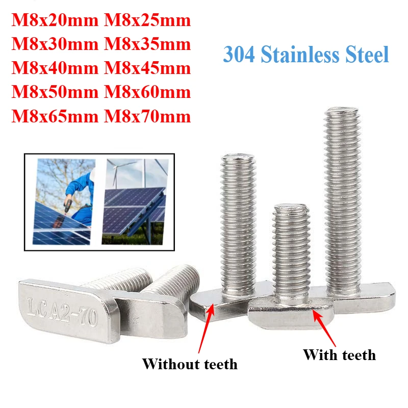 M8 304 Stainless Steel T-Bolt T-Shaped Screw Slot Bolts T-Shaped Pressure Plate Screw Square Head Hammer Head Bolts 20mm-70mm