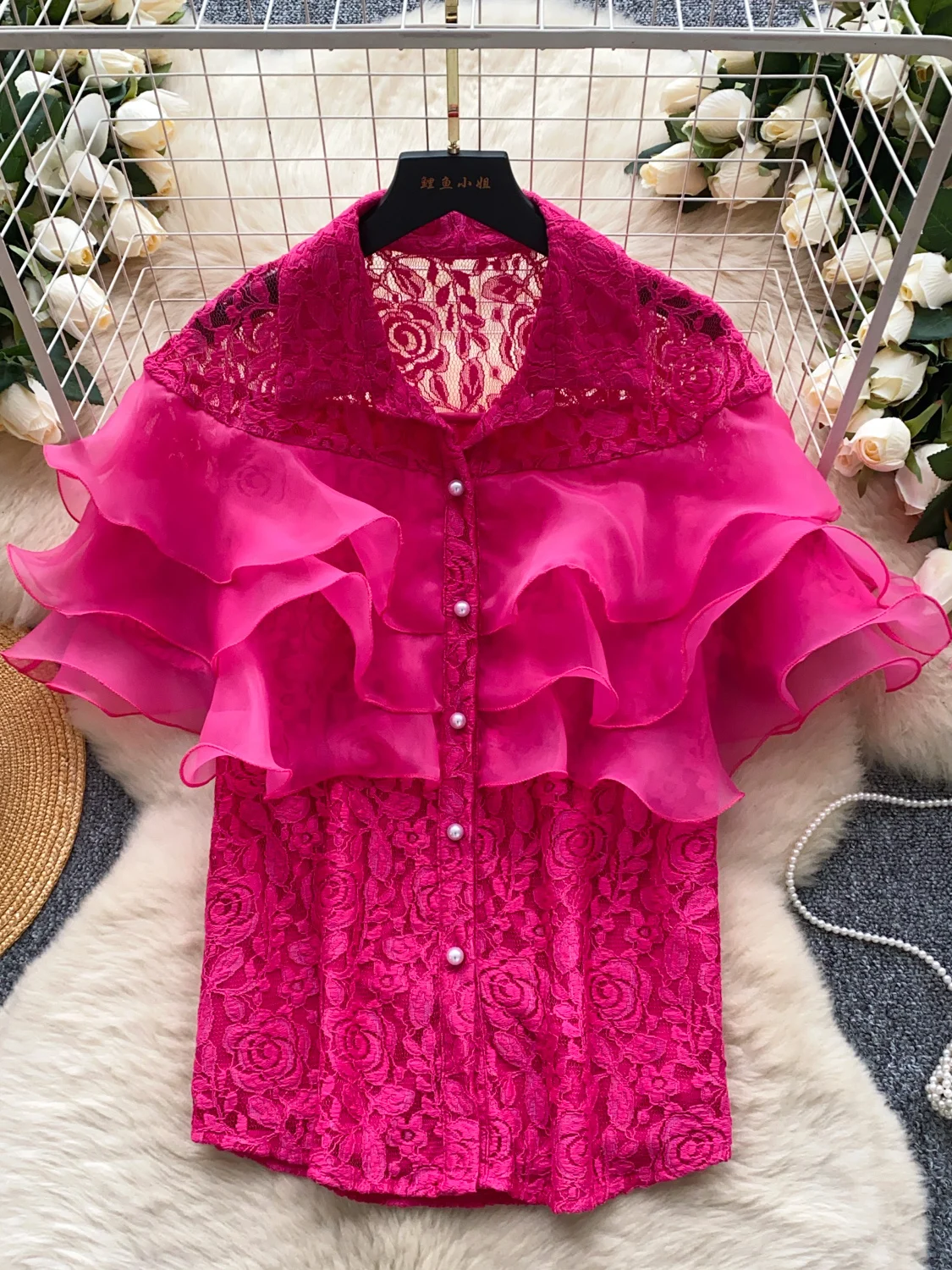 

Faionable Lace irt Women's Summer Thin Splice Design Sense Stand Collar Svel Top European Sle Commute Korean Loos...
