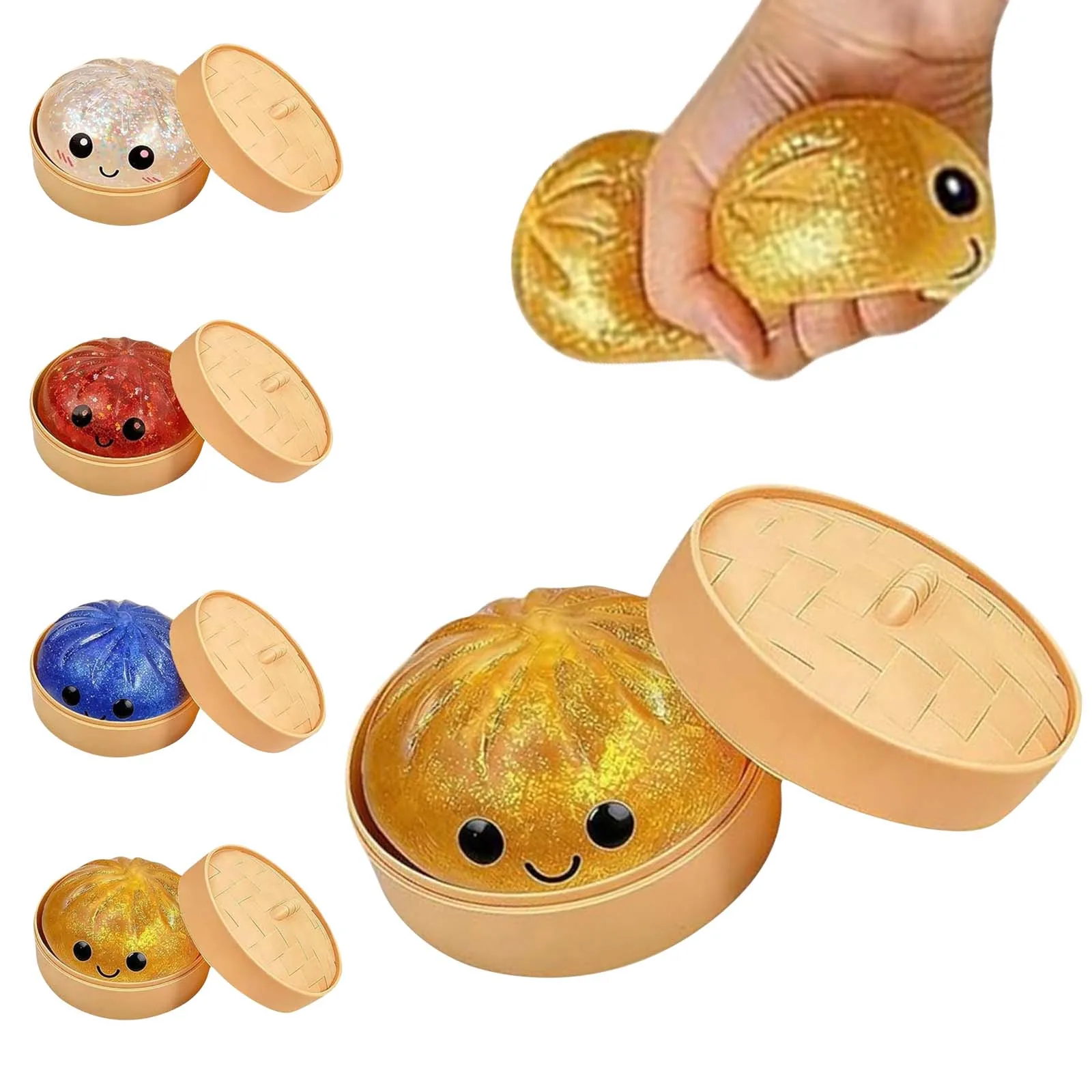

Dumpling Squishy Glitter with Steamer Mystery Dumplings Slime Stress Relief Sensory Fidget Toy Squeeze Bun Toy Adult Boys Girls