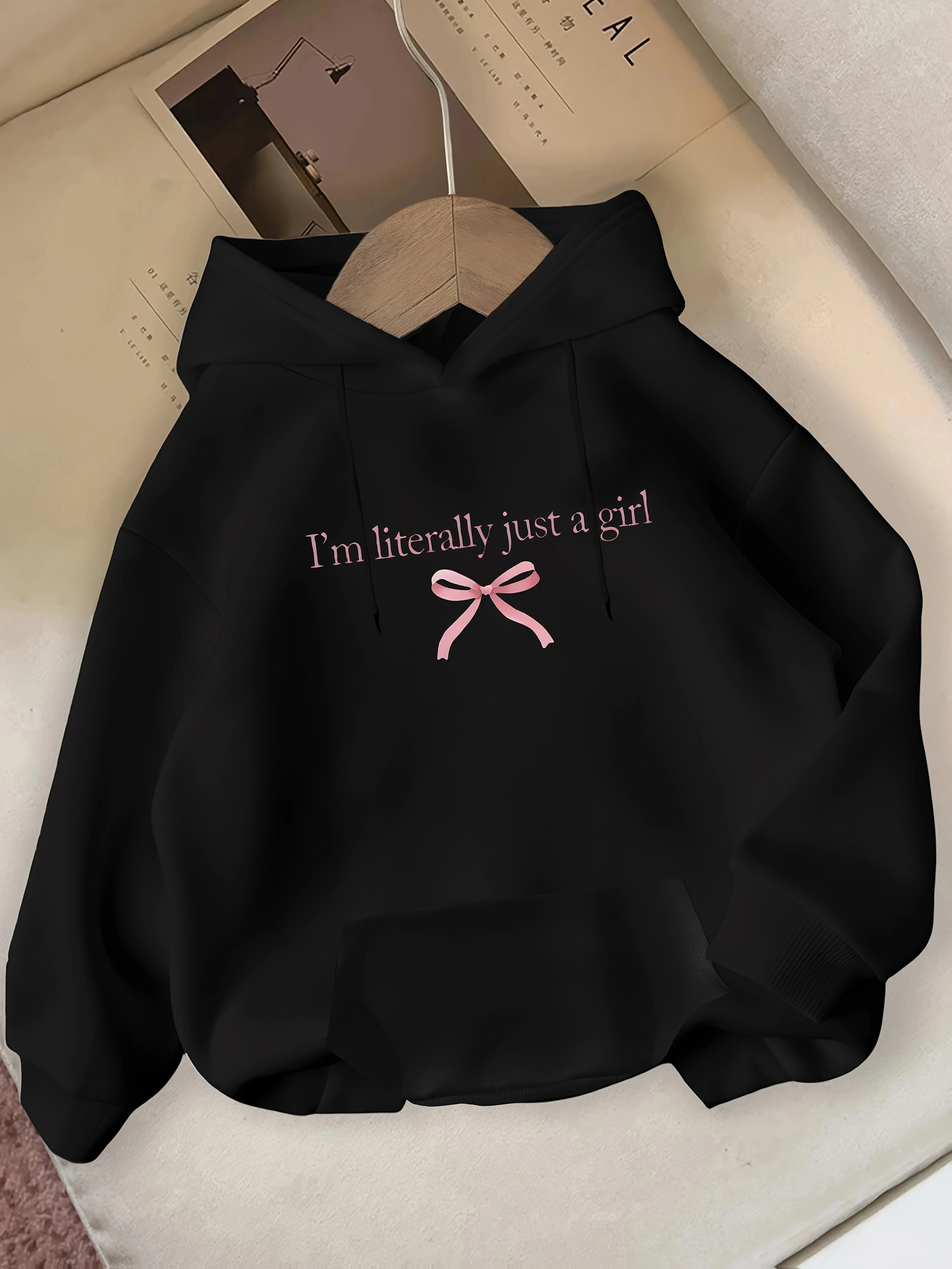 I'm Literally Just A Grill and Pink Bow Print Pattern for Autumn and Winter Women's Hooded Sweatshirt Round Neck Casual Clothing