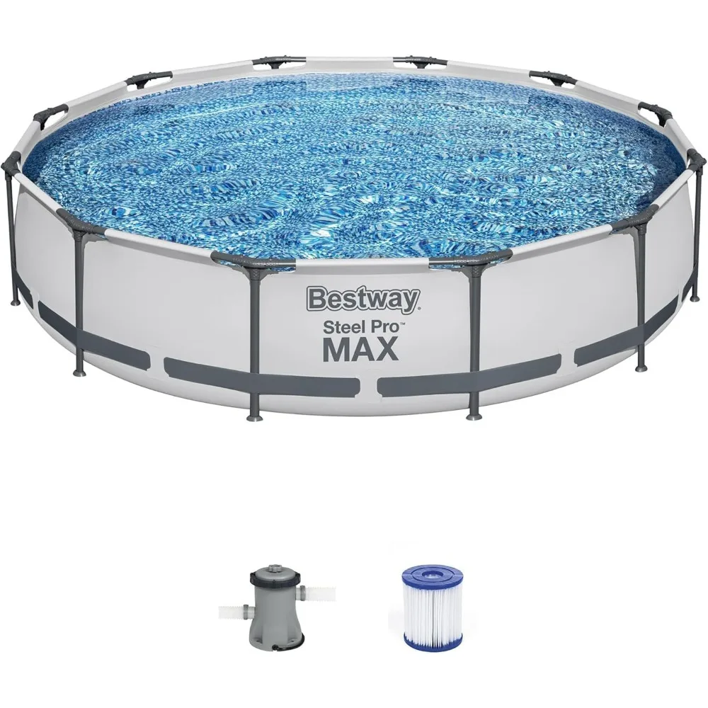 Steel Pro MAX Juego de piscina de patio trasero exterior sobre el suelo con marco de metal redondo de 10 pies x 30 pulgadas con bomba de filtro de 330 GPH