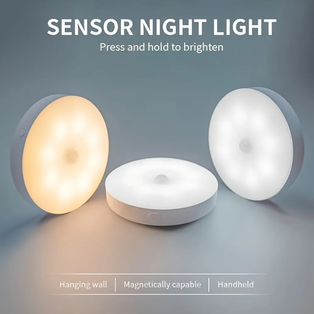 

3pcs Modern Motion Sensor Nightlights - Dimmable 8-LED, USB Rechargeable, Polished Finish, Freestanding/Wall Mount Options for B