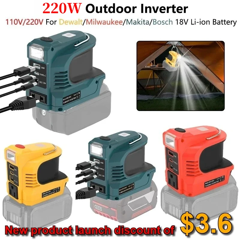 

For Makita/Bosch/Dewalt/Milwaukee 18V Li-ion Battery Inverter Converter 220WPower Inverter With LED Light Inverter Power Station