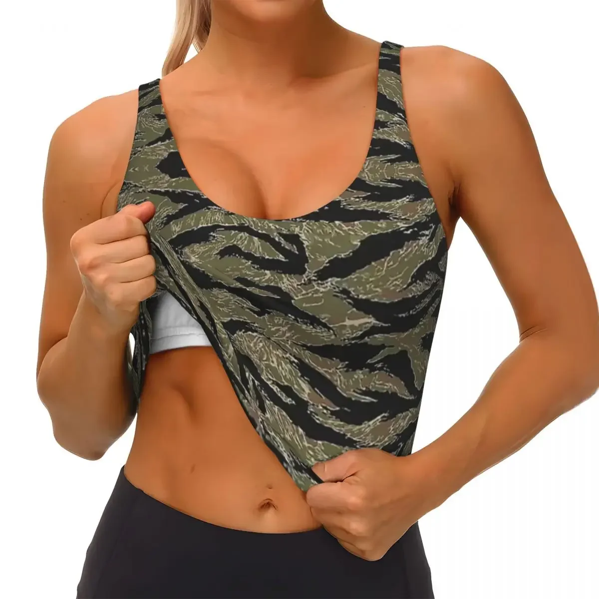 Custom US Army Camouflage Tiger Stripe Women Sports Vest Bras Gym Workout High Impact Yoga Crop Tank Top