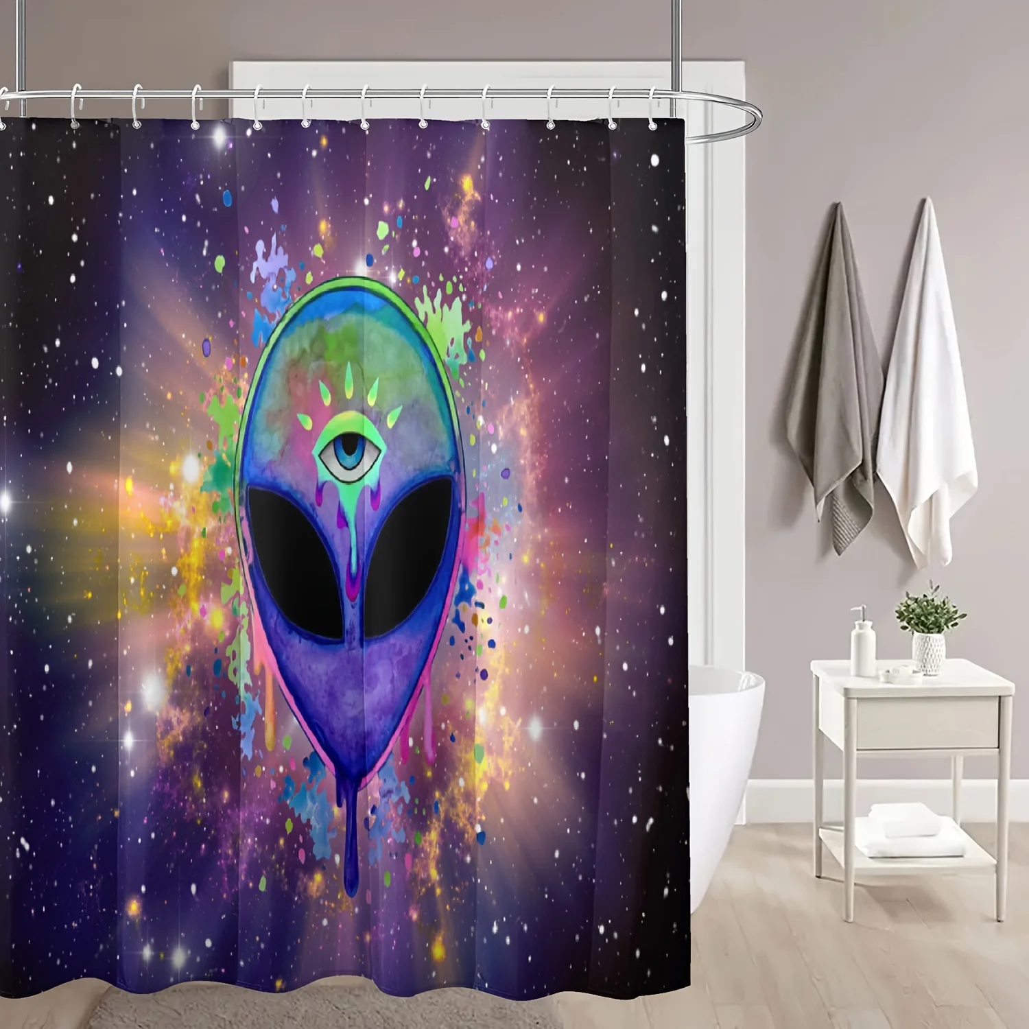 1pc Alien Design Pattern Shower Curtain, Waterproof Shower Curtain With 12 Hooks, Bath Curtain, Bathroom Partition, Room Decorat