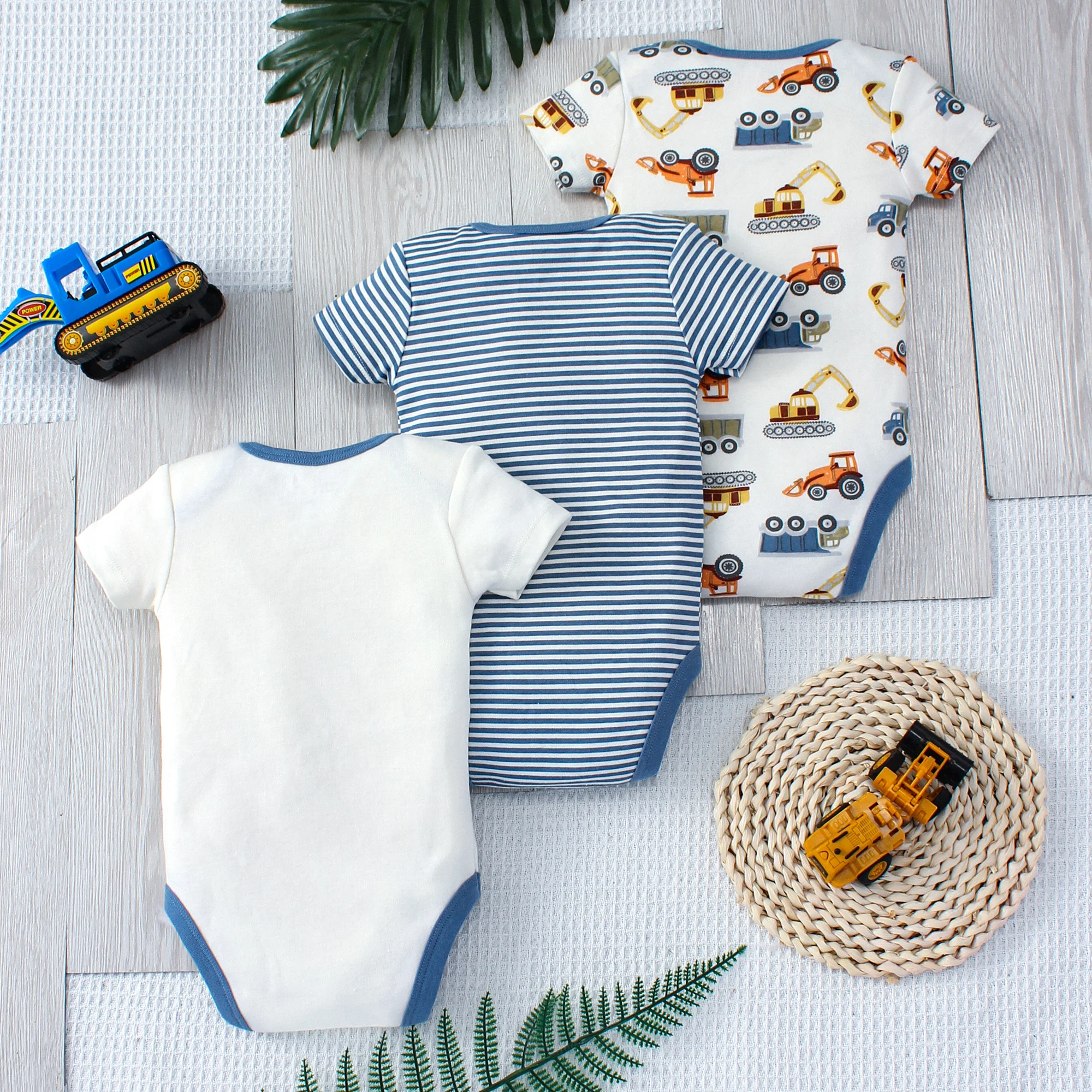 3PCS Summer Boys Baby Bodysuit Three piece Set Cartoon Truck and Stripe Pattern Short Sleeve Button Design Triangle Bodysuit