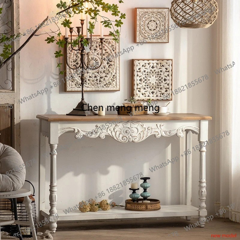 

French entrance porch storage shelves, entrance end view table, small apartment living room A178