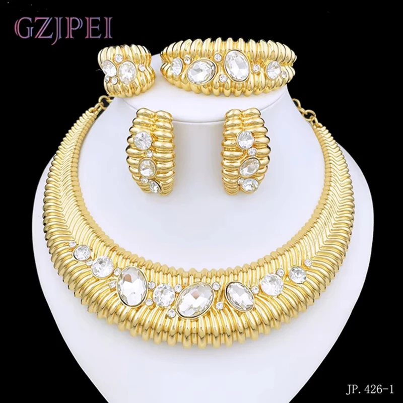 

4 Pcs Dubai 18K Gold Plated Jewelry Sets Luxury Zircon Necklace Earring Bracelet Ring African Ethnic Style Wedding Jewellery