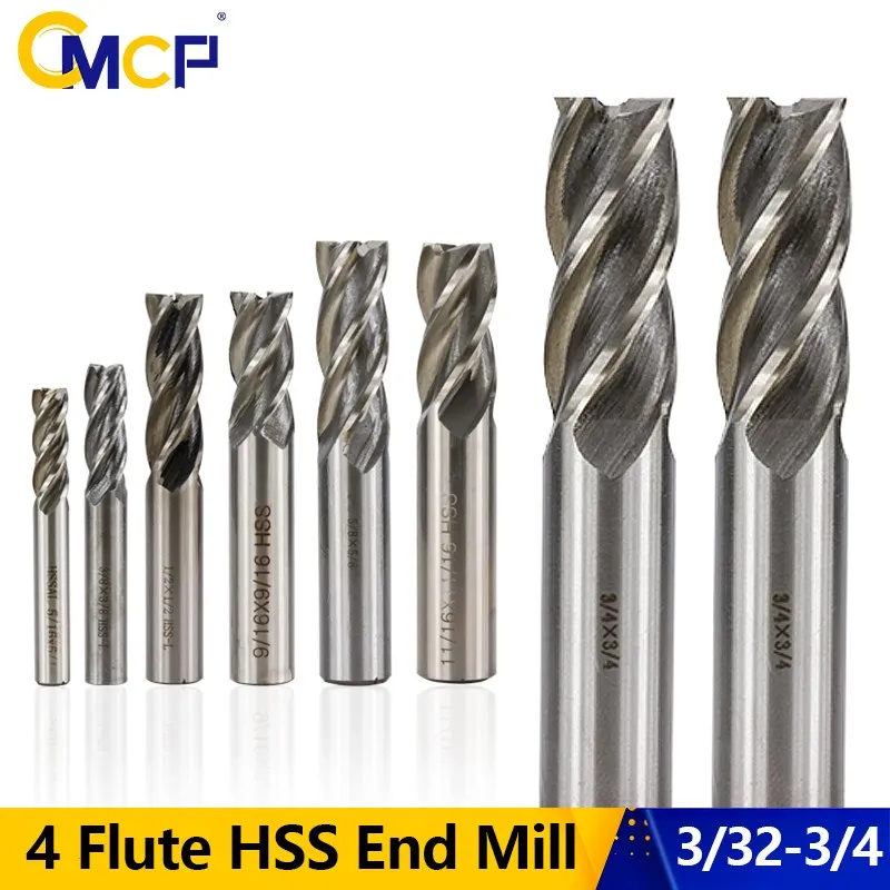 CMCP Inch Milling Cutter 1/16-3/4 CNC Router Bit Machining Straight Shank Milling Bit 4 Flute HSS End Mill Metal Cutter