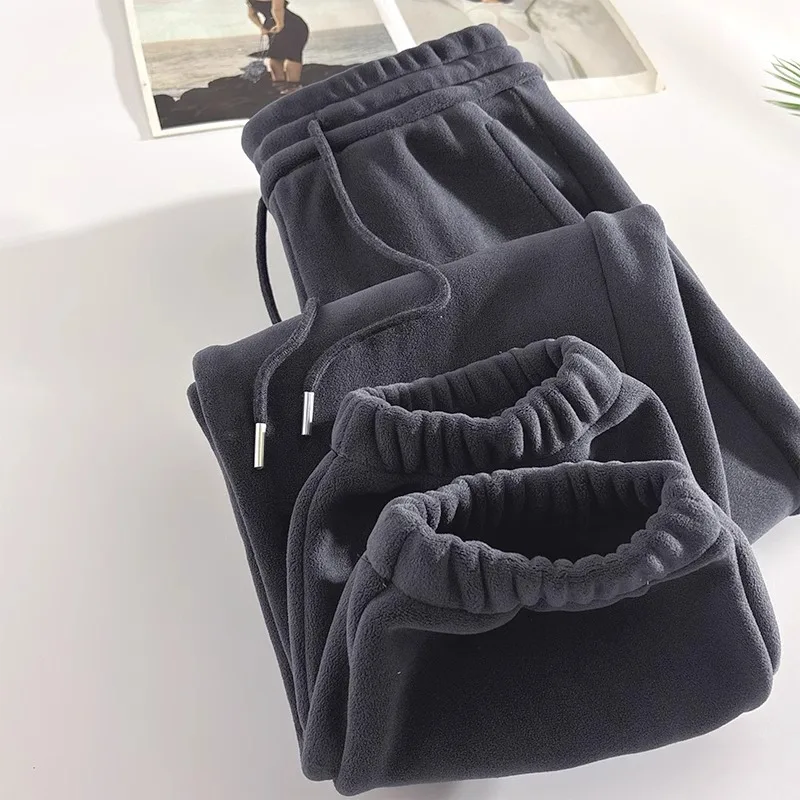 Women's Fleece Lined Thickened Sweatpants Casual Sports Trousers Double Sided Velvet Winter Warm Loose Fit Long Pants