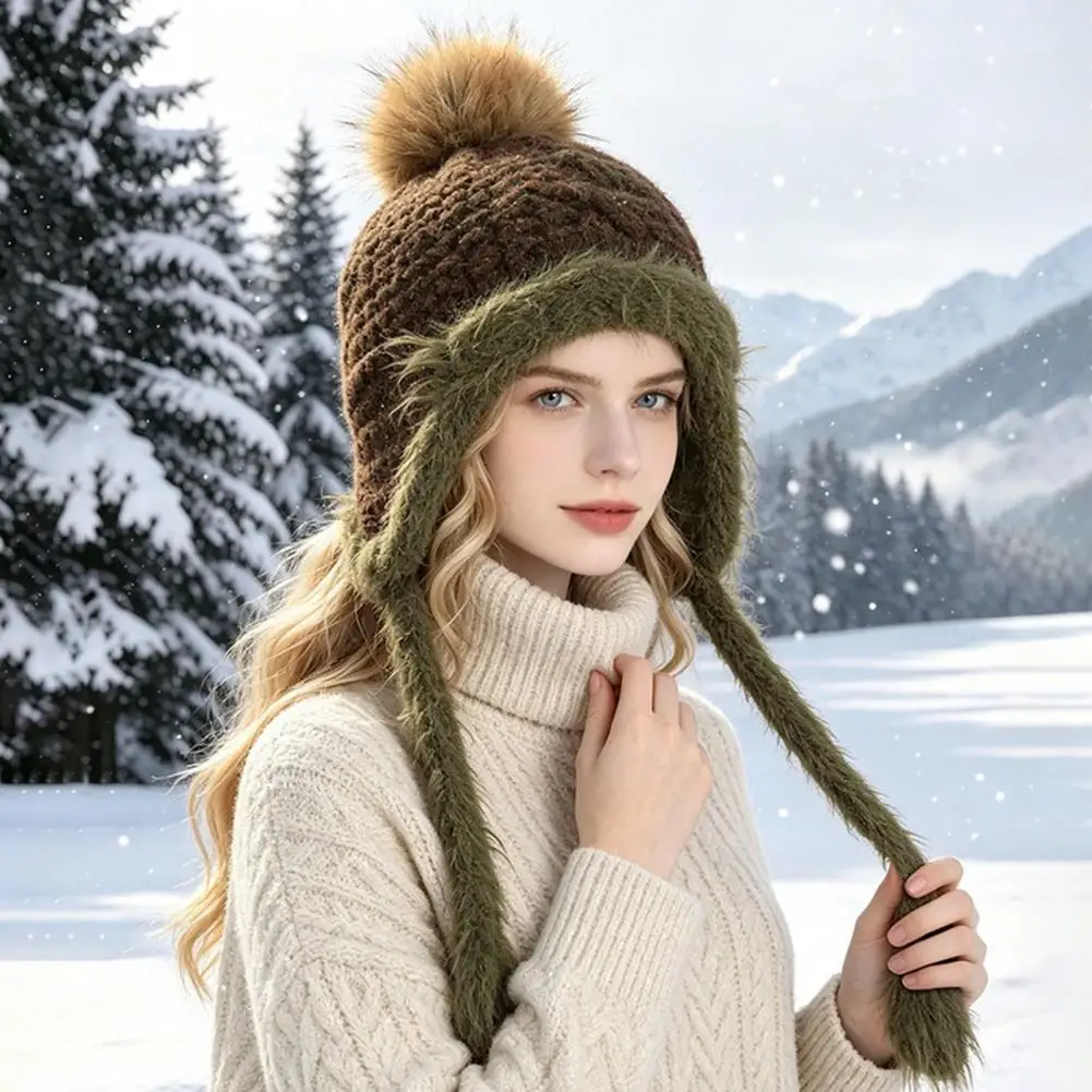 Fluffy Pom Pom Hat Women’s Knitted Earflap Hat with Fuzzy Trim Soft Warm Winter Pompom Outdoor Cycling Weather Headwear Thick