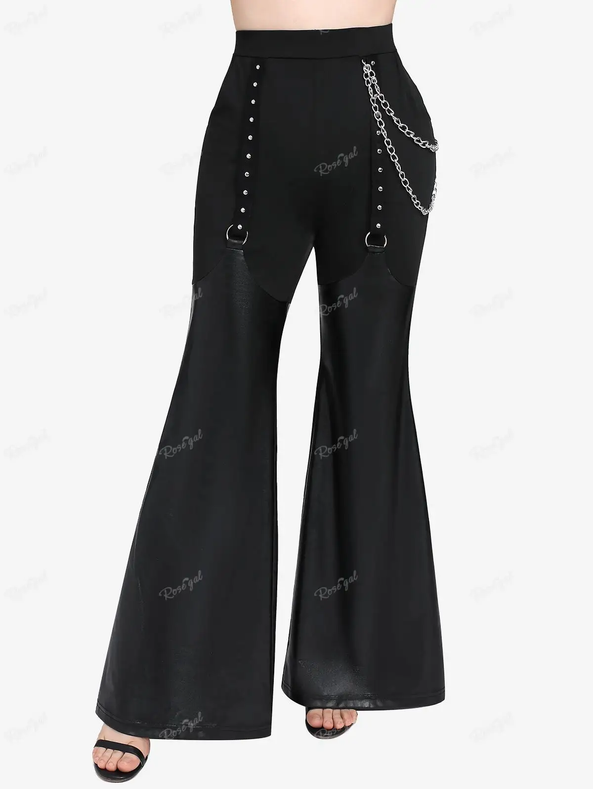 ROSEGAL Plus Size Black Flare Pants Chain O-Ring PU Leather Patchwork Grommet Pocket Trousers 2023 Women Fashion Casual Pants 4X