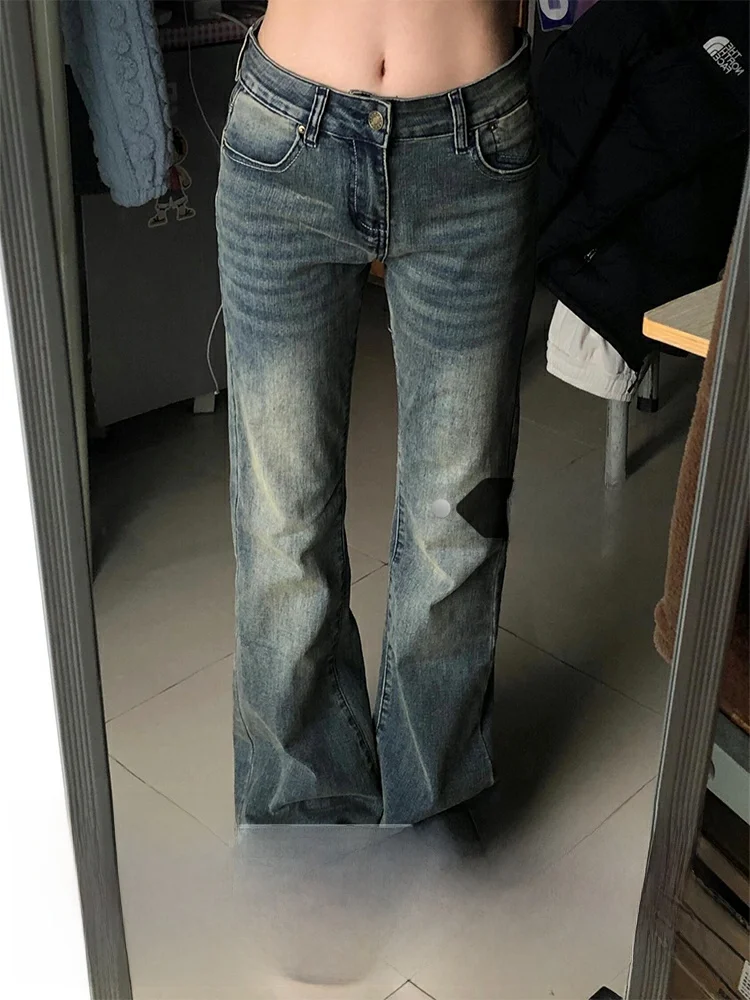 

Джинсы женские с низкой посадкой, расклешенные, джинсовые, осенне-зимние, с эффектом потертости, рваные, облегающие, эластичные брюки, модные, в американском ретро-стиле