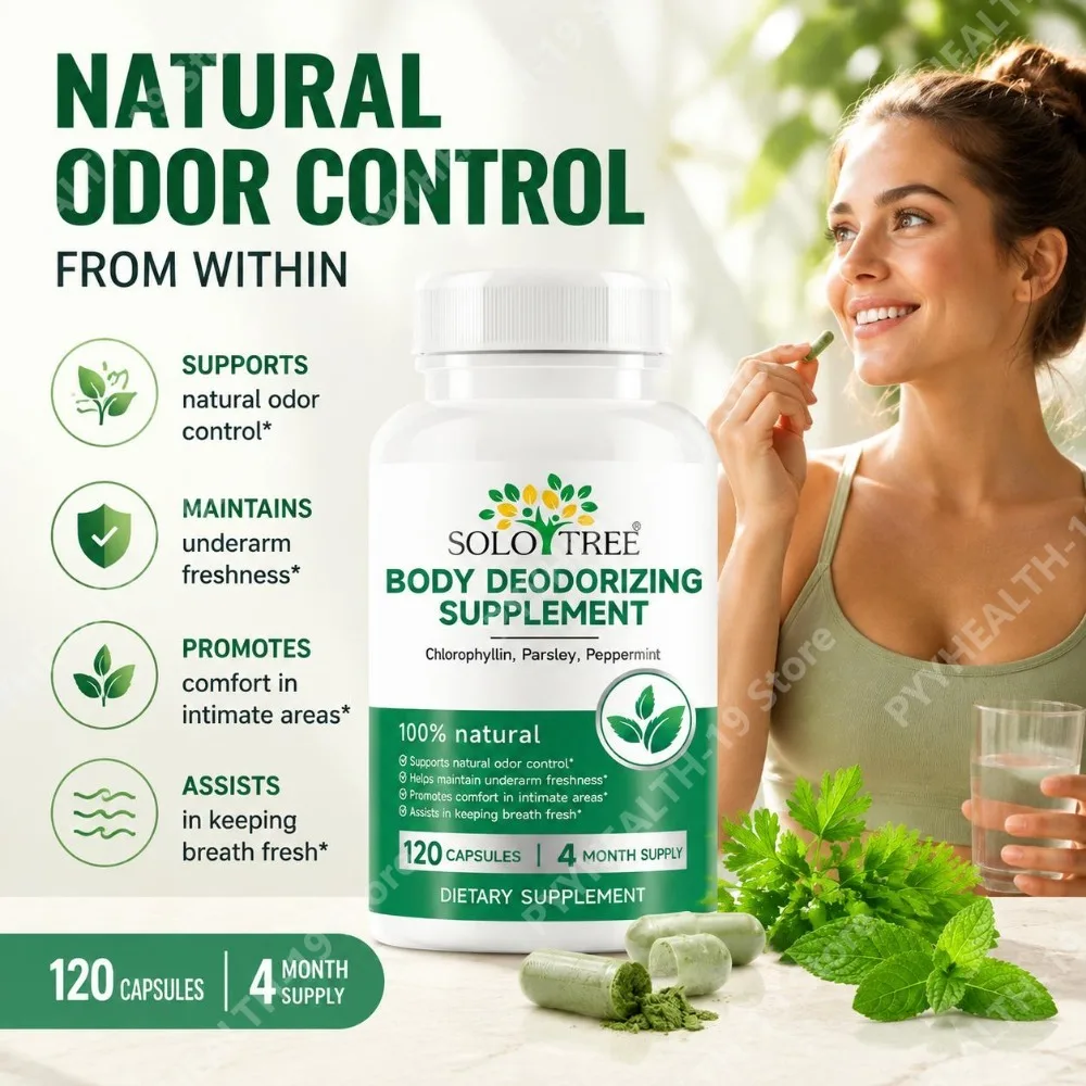SOLO TREE Body Deodorizing Capsules Chlorophyllin Parsley Peppermint For Odor Underarm Breath Freshness Support Adult 120 Count