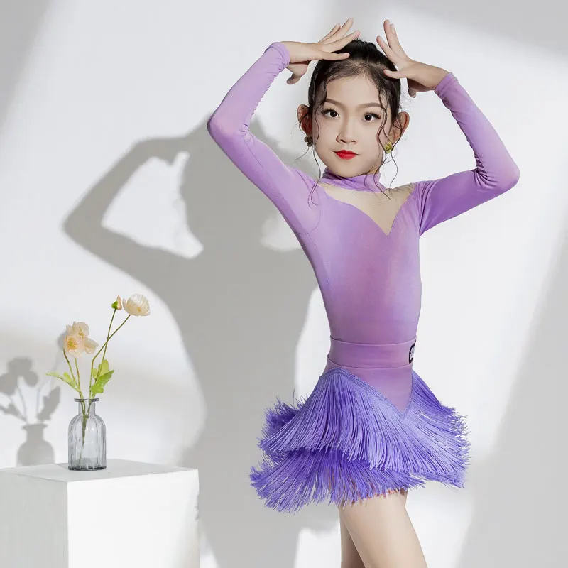 Autumn and Winter Latin Dance Dress for Girls, Long Sleeve Splicing Competition Standard Performance Dress