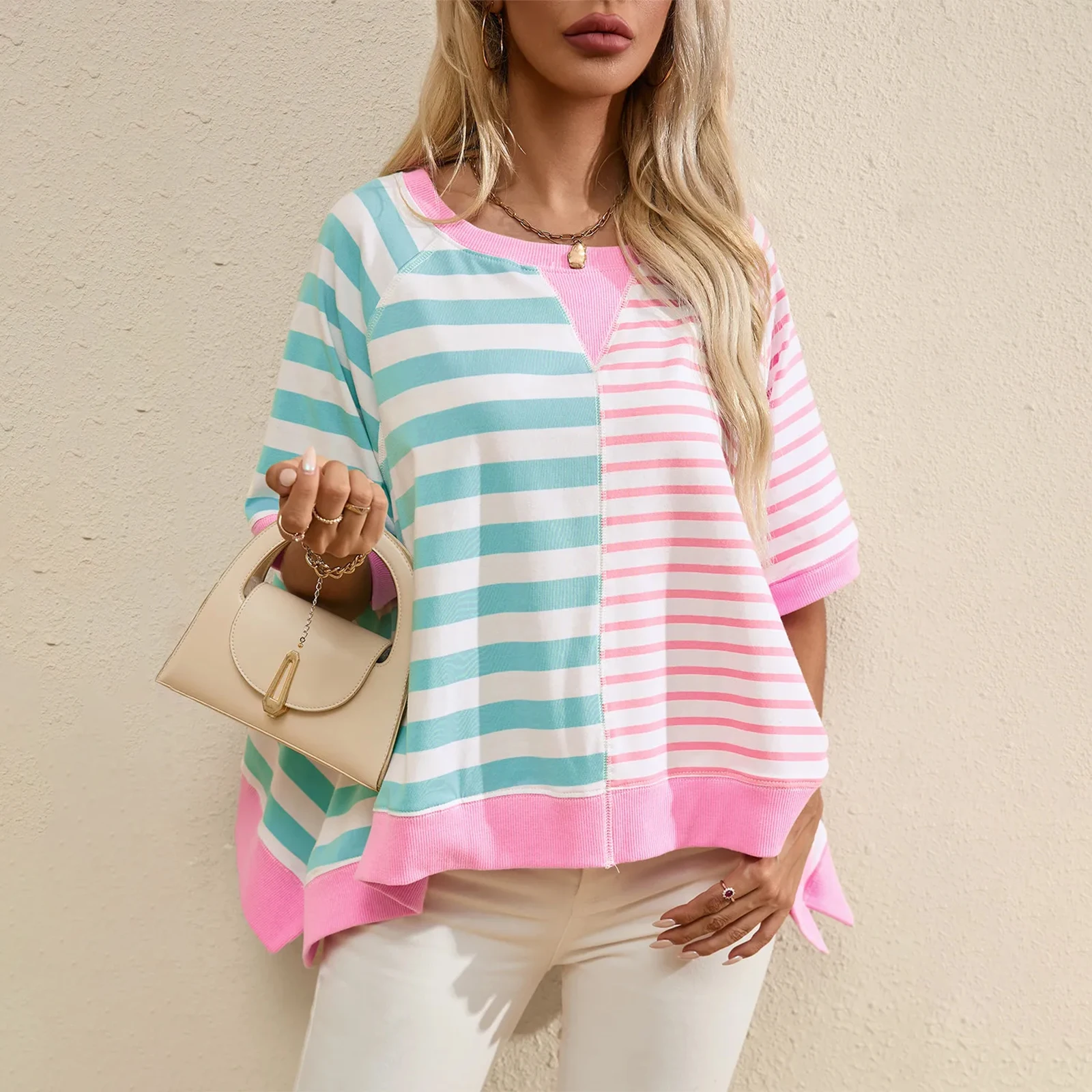 Women Stripe Contrast Patchwork Oversized T Shirt Short Sleeve Round Neck Tees High Low Hemline Chic Colorblock T-Shirts Daily