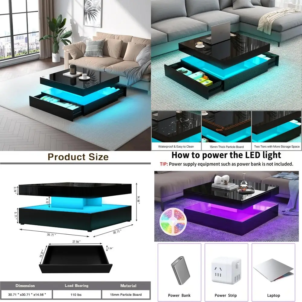 

светодиодный журнальный столик для гостиной с местом для хранения - глянцевый современный белый центральный стол с двумя ящиками, квадратный деревянный средний столик