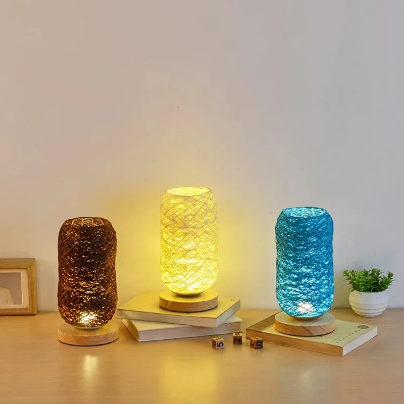 

LED Night Light Winding Wooden Art Sepak Takraw Table Lamp Log Lantern Children's Room Bedroom Bedside Study Warm Decorative Lam