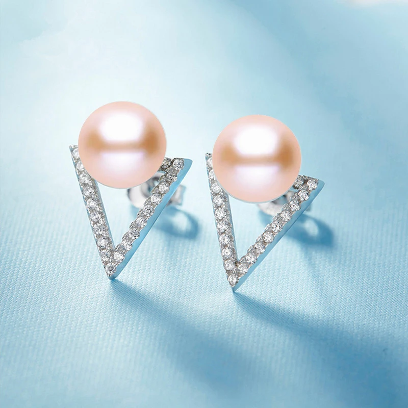 S925 Sterling Silver Natural Pearl Triangle Earrings For Women 8-9mm Perfect Real Natural Pearl  Stud Earrings Free Shipping