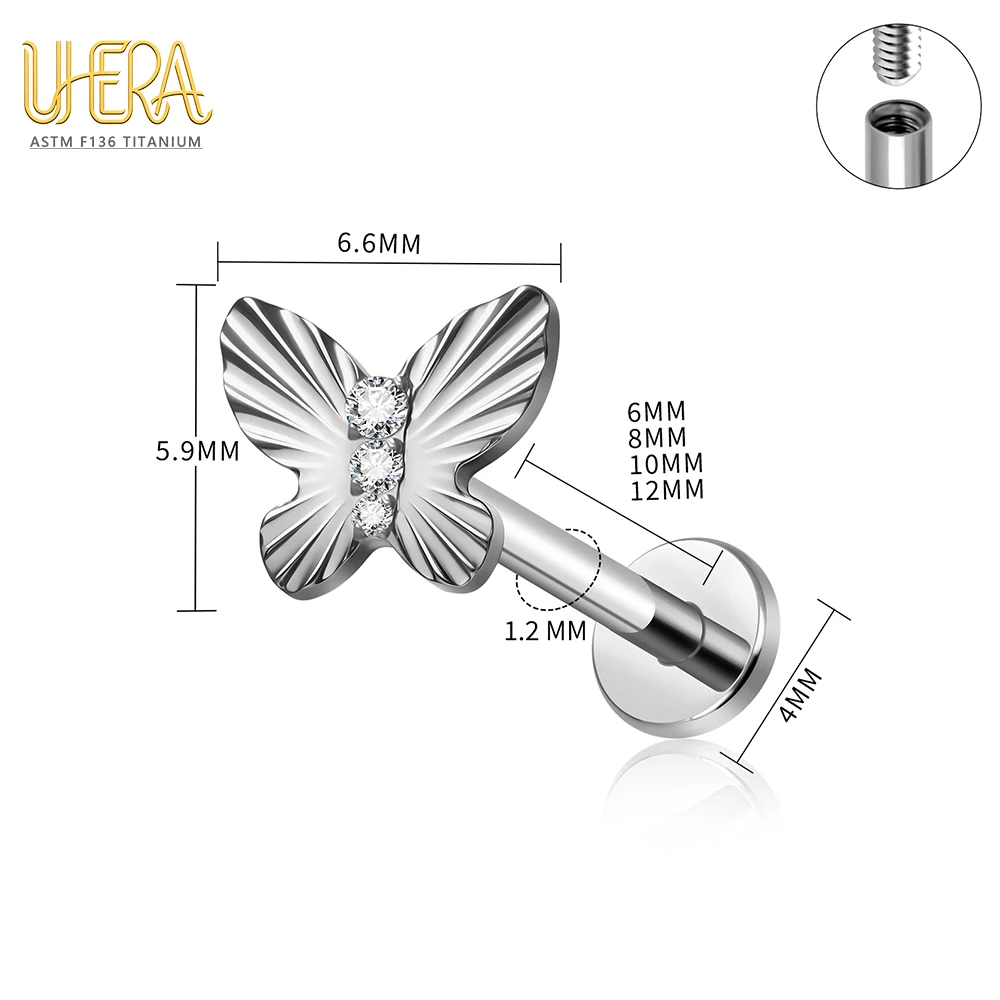 G23 ASTM F136 Titan Labret Stud mit Schmetterlings-Mond-Top und Baguette-Zirkonia, Innengewinde, für Knorpel-, Ohr-, Lippen- und Körperpiercings – Detail 2