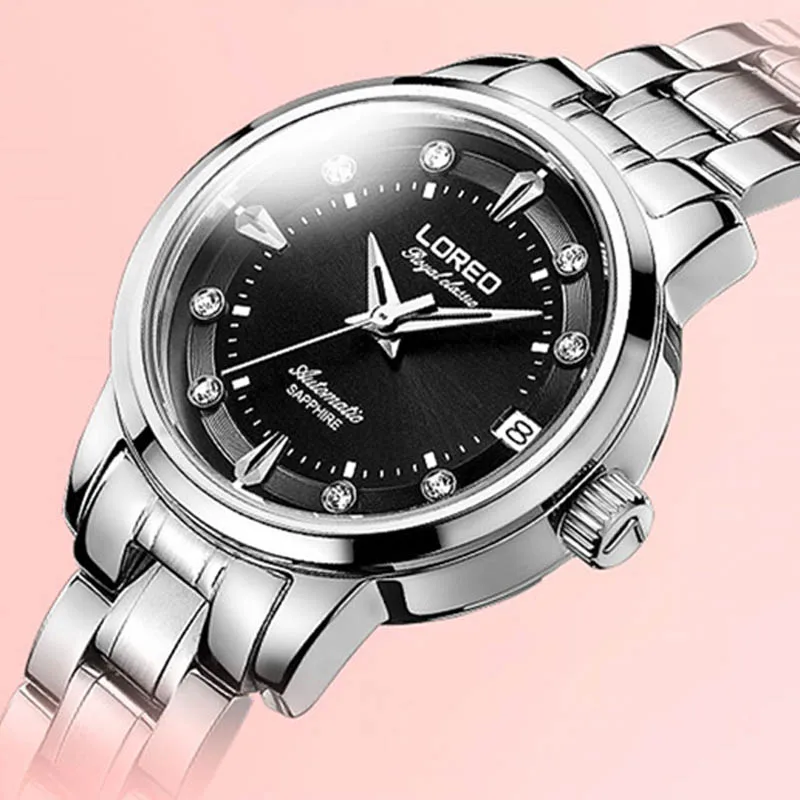 LOREO Brand New Fashion Women Mechanical Watch High Quality Leather Strap Waterproof Calendar Automatic Watches Womens Relogio