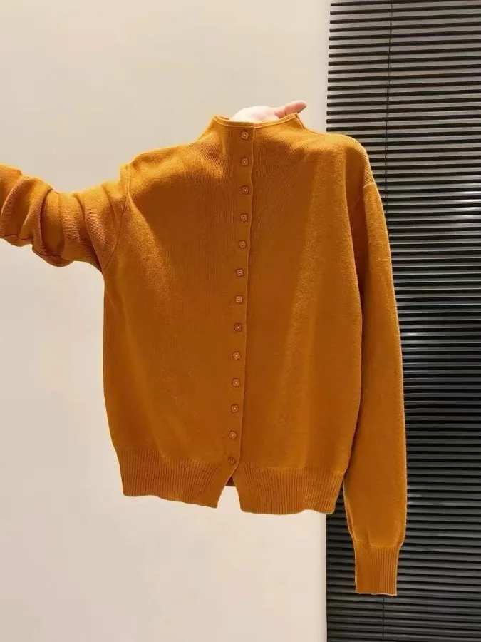 Orange Color Enhancing Women's Knitted Open Cardigan Half High Collar Soft Nurturing Retro Style Button up Sweater for Autumn...