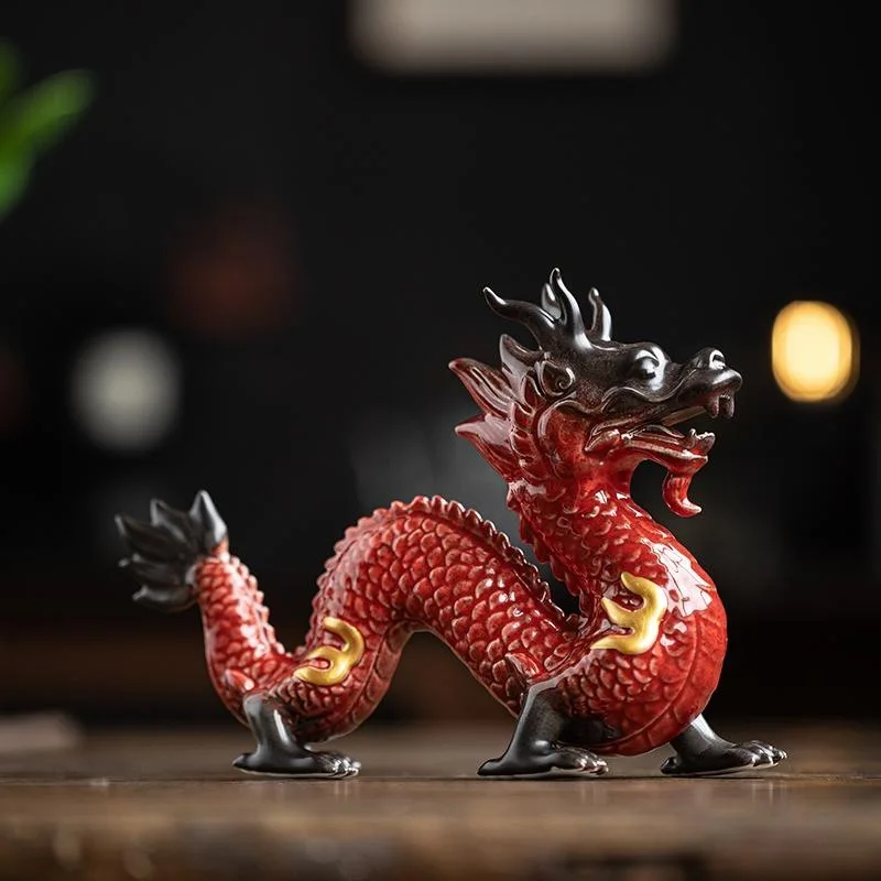 Chinese Porcelain Dragon Statue Handmade Ceramics Totem Animal Sculpture Ancient Legend Totem Craft Deco